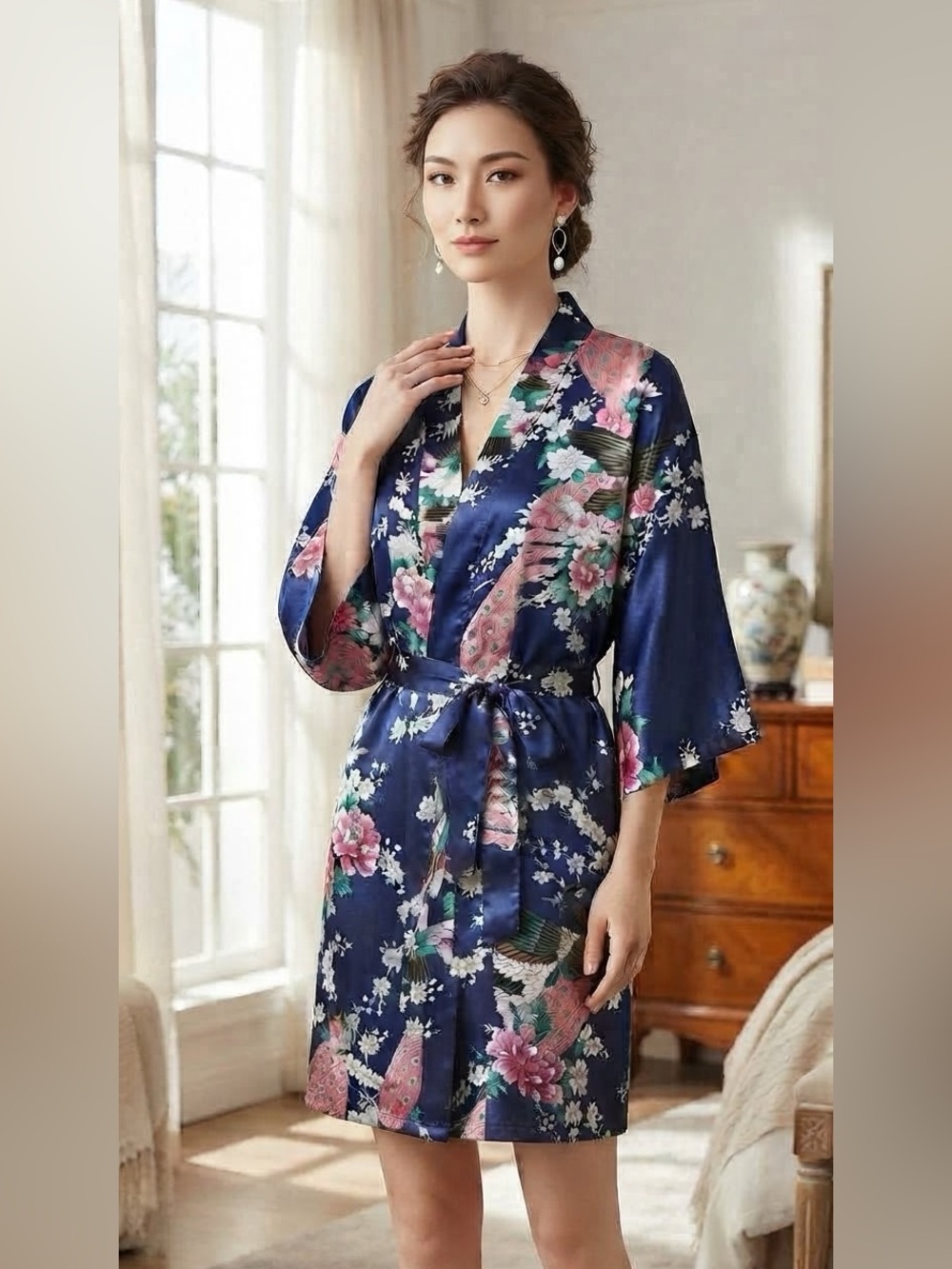 Elegant Navy Blue & Pink Floral Peacock Satin Kimono Lounge Robe – Size M